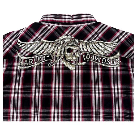 Harley Davidson Plaid Button Up Shirt Men XL Red Black Short Sleeve Skull Logo - Picture 3 of 11